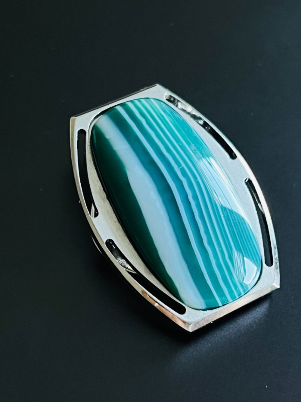 vintage Green Banded Agate Convertible Brooch Clip & Pendant - Silver Tone
